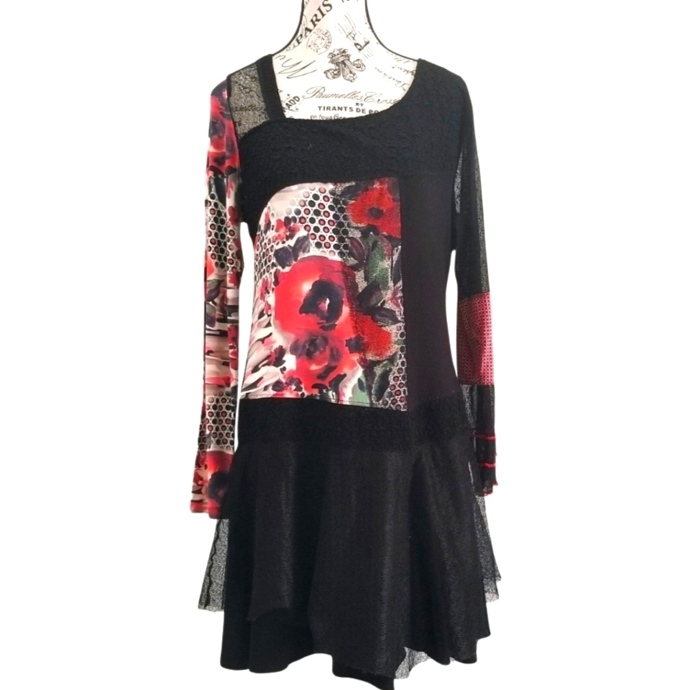 Maloka Black and Red Patchwork Floral Mesh Tunic Dress Artsy Size Large